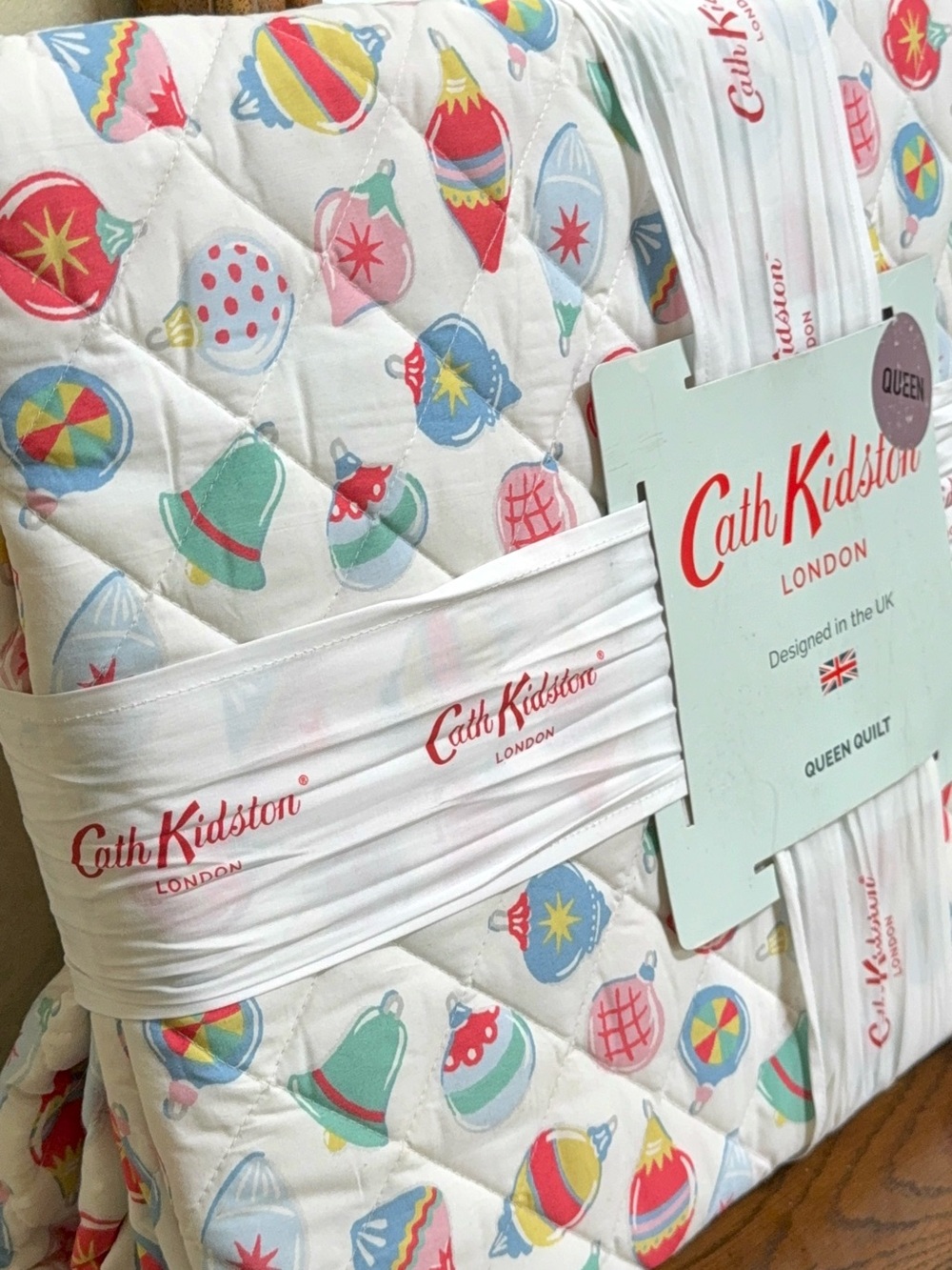 Cath Kidston Quilted Holiday Ornament Quilt. White background with Multi colors.